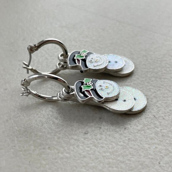 Vintage Snowman Layered Earrings Y2K enamel shimmery pierced winter holiday - Picture 2 of 4